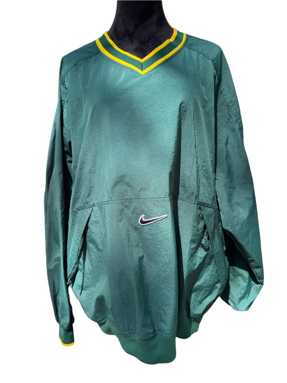 Nike V-Neck Nylon Pullover Vintage Y2K Sportswear Center Swoosh Green Gold XL - Picture 2 of 15